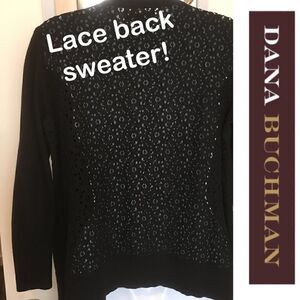 Dana Buchman 3/4 sleeve button front sweater w/ open floral crochet back size S
